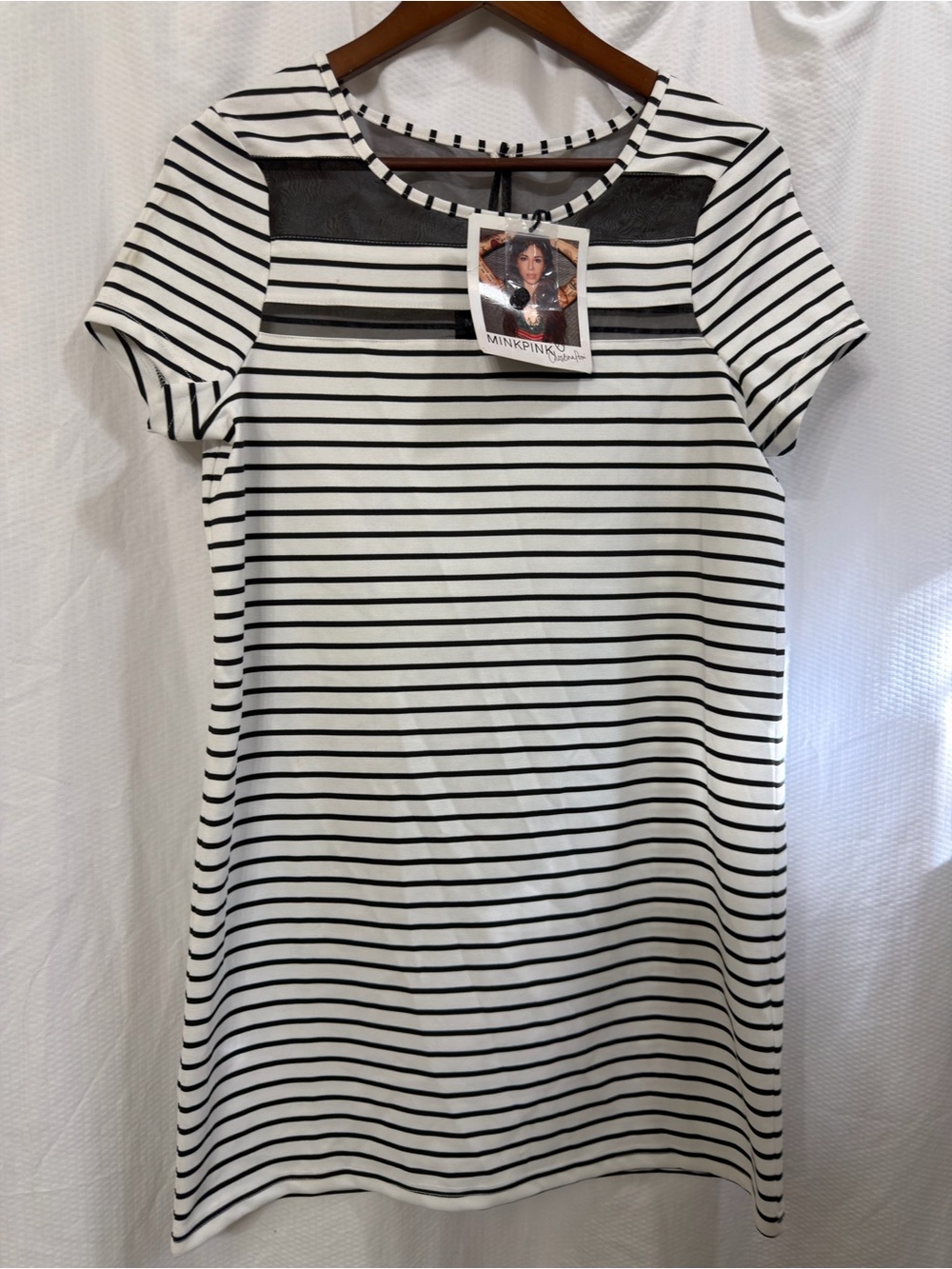 MINKPINK Women's Black White Striped Mesh Yoke Mini Dress Sz S NWT